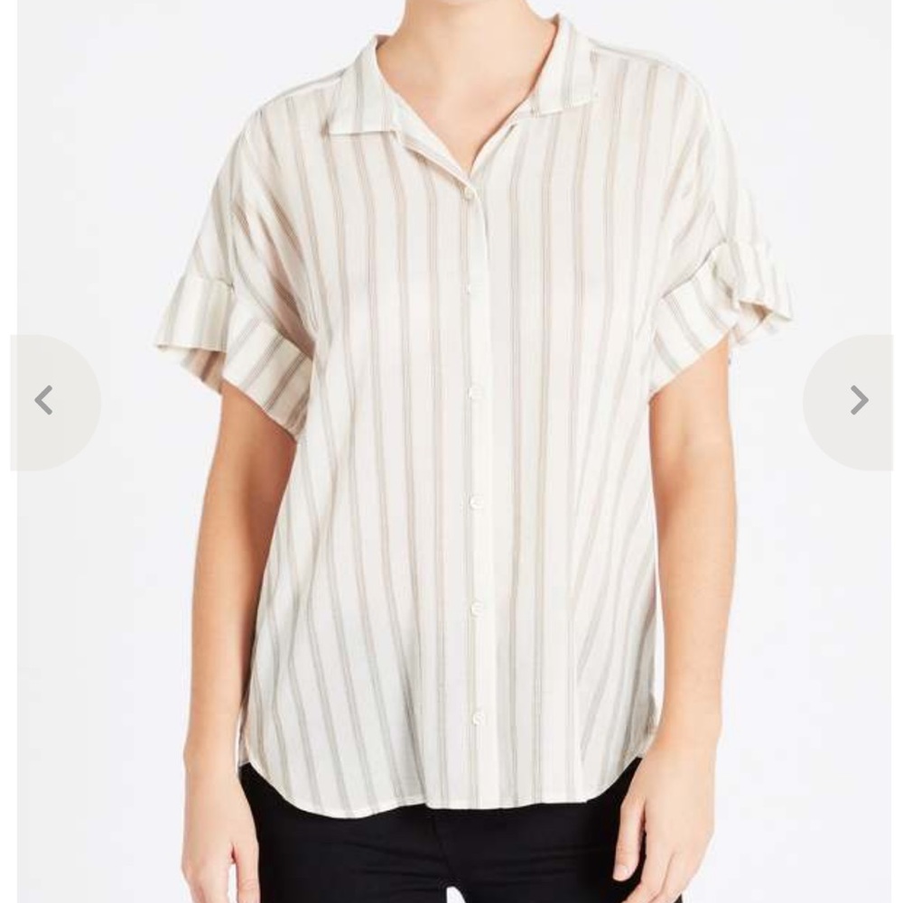 Frame Denim Clean Collar Short Sleeve Button Up Stripe Shirt Off White